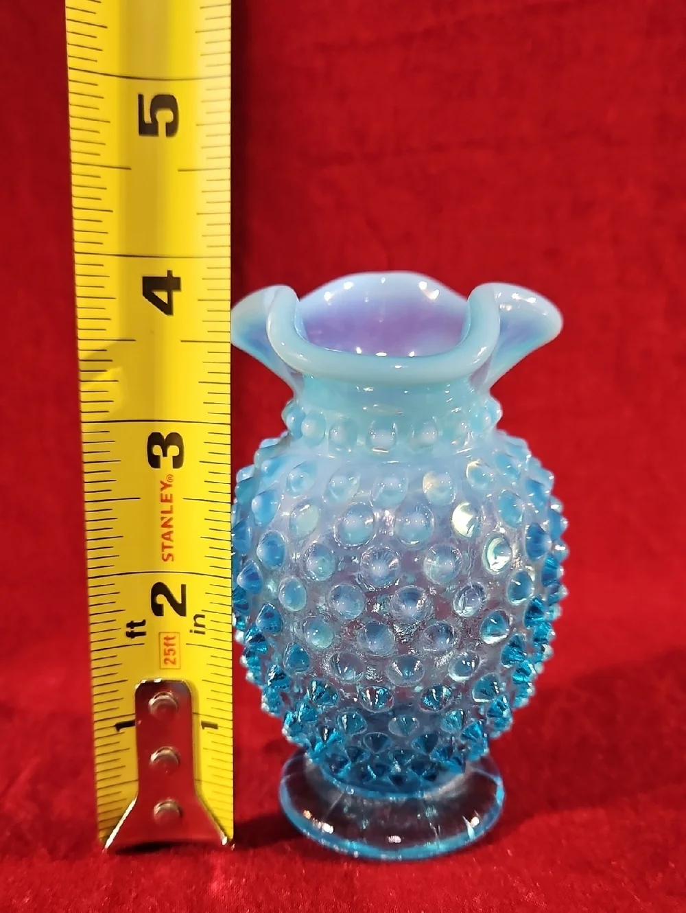 VTG Fenton Blue Opalescent Glass Hobnail Tricorn Purple Hue Crimped Rim Vase